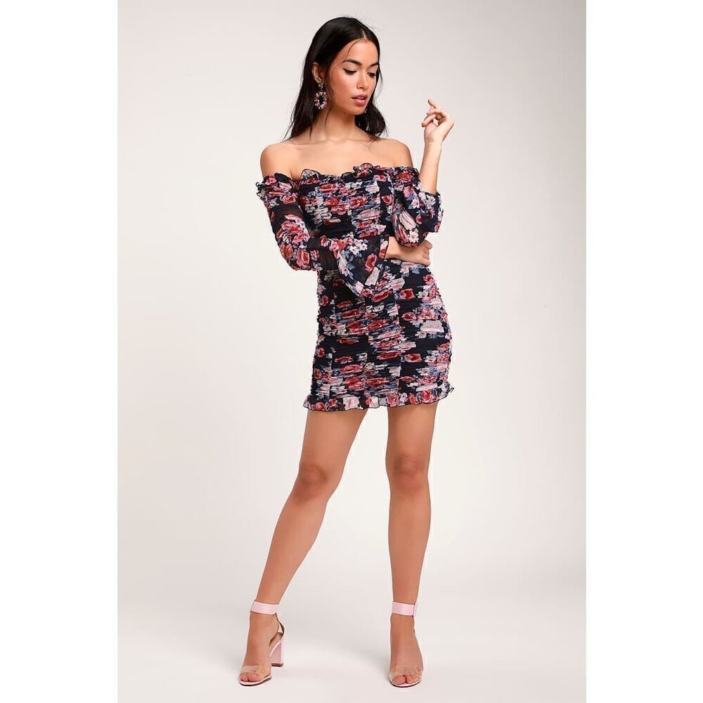 Lulus large Ruche Hour Navy Blue Floral Print Ruched Off-the-Shoulder Dress